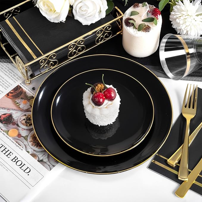 NOCCUR 350PCS Black and Gold Plastic Plates - Black Disposable Dinnerware Set...