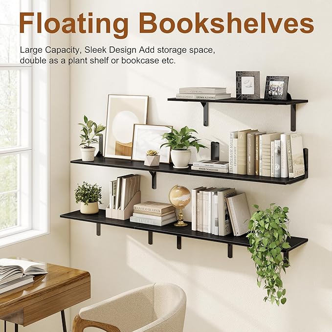 Black Floating Shelves 40"W x 12"D, Deep Wall Shelves - Image 6