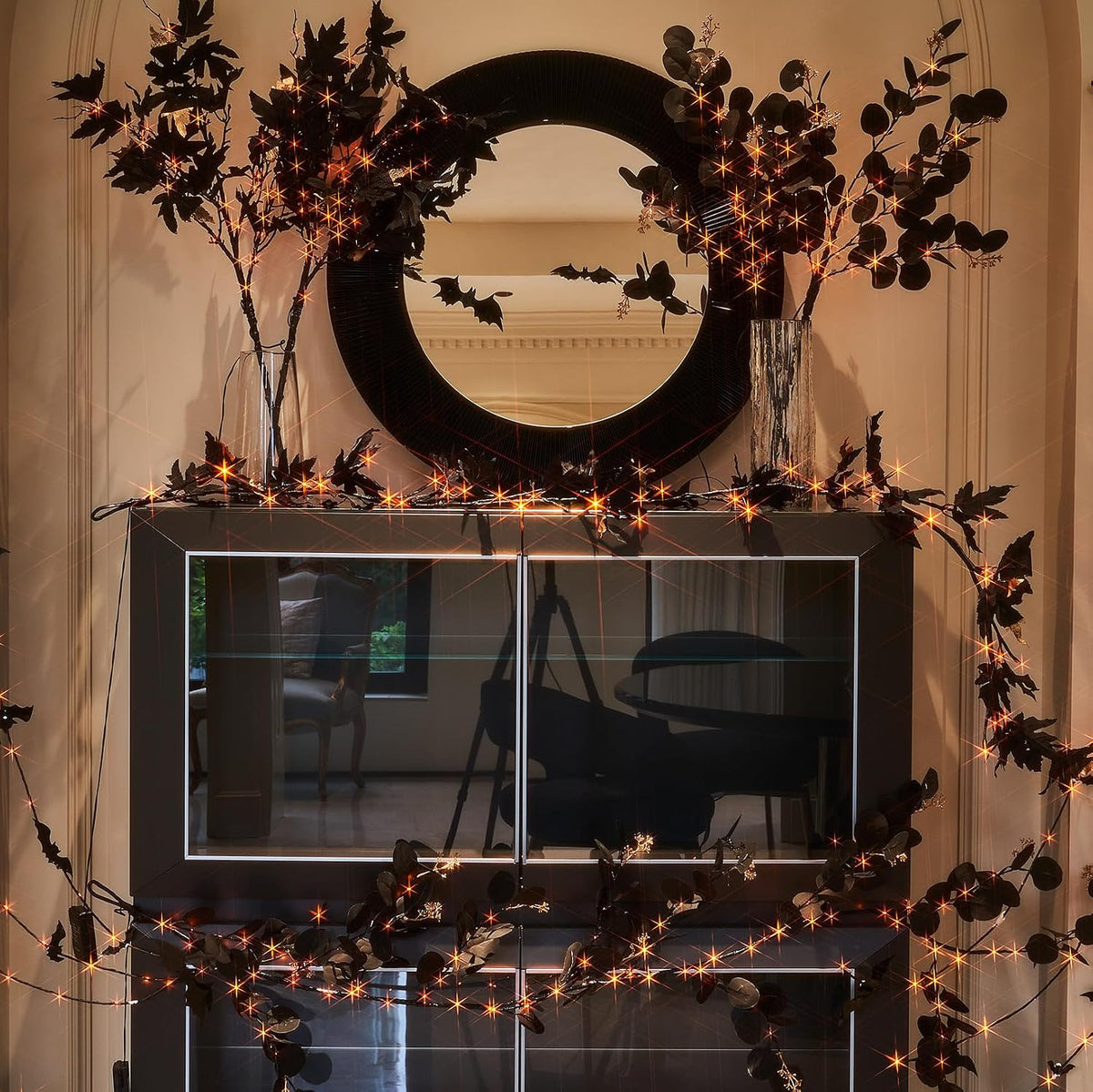 Hairui Lighted Black Eucalyptus Garland with Timer 96 LED Orange and Warm Whi...