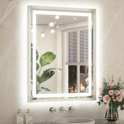 28 x 36 Bathroom LED Mirror Brushed Nickel Metal Frame Frontlit & Backlit Vanity Mirror Anti-Fog Stepless Dimmable 3 Colors White/Warm/Natural Mirror with Lights Wall-Mounted