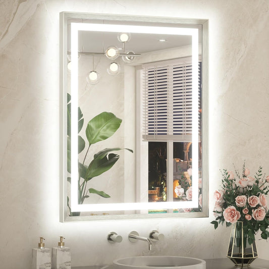 28 x 36 Bathroom LED Mirror Brushed Nickel Metal Frame Frontlit & Backlit Vanity Mirror Anti-Fog Stepless Dimmable 3 Colors White/Warm/Natural Mirror with Lights Wall-Mounted