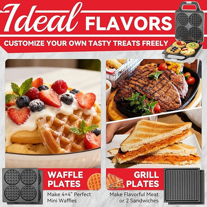 2 in 1 Mini Waffle Maker with Removable Plates, Panini Press Sandwich Maker - Image 4
