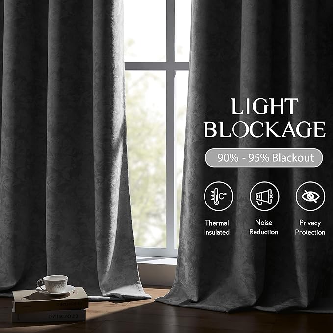 Beauoop Grey Floral Jacquard Blackout Curtains 90 Inches Long 2 Panels - Image 4