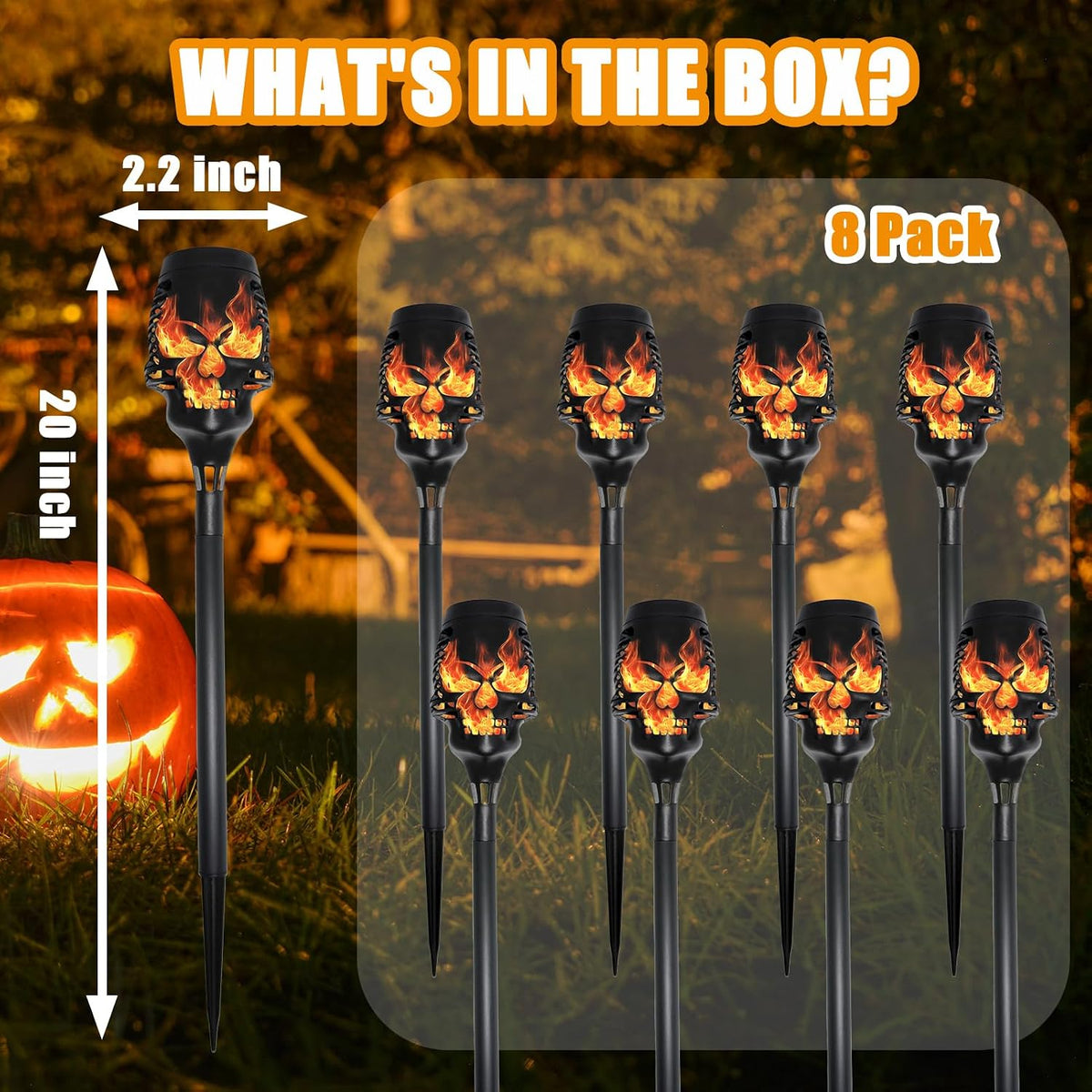 Halloween Solar Skull Stake Lights, Pathway Decor, 8 Pc, Orange