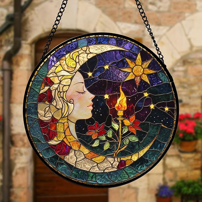 DASTOLL Stained Glass Window Hanging, Moon Goddess Torch Suncatcher Diamond - Image 3