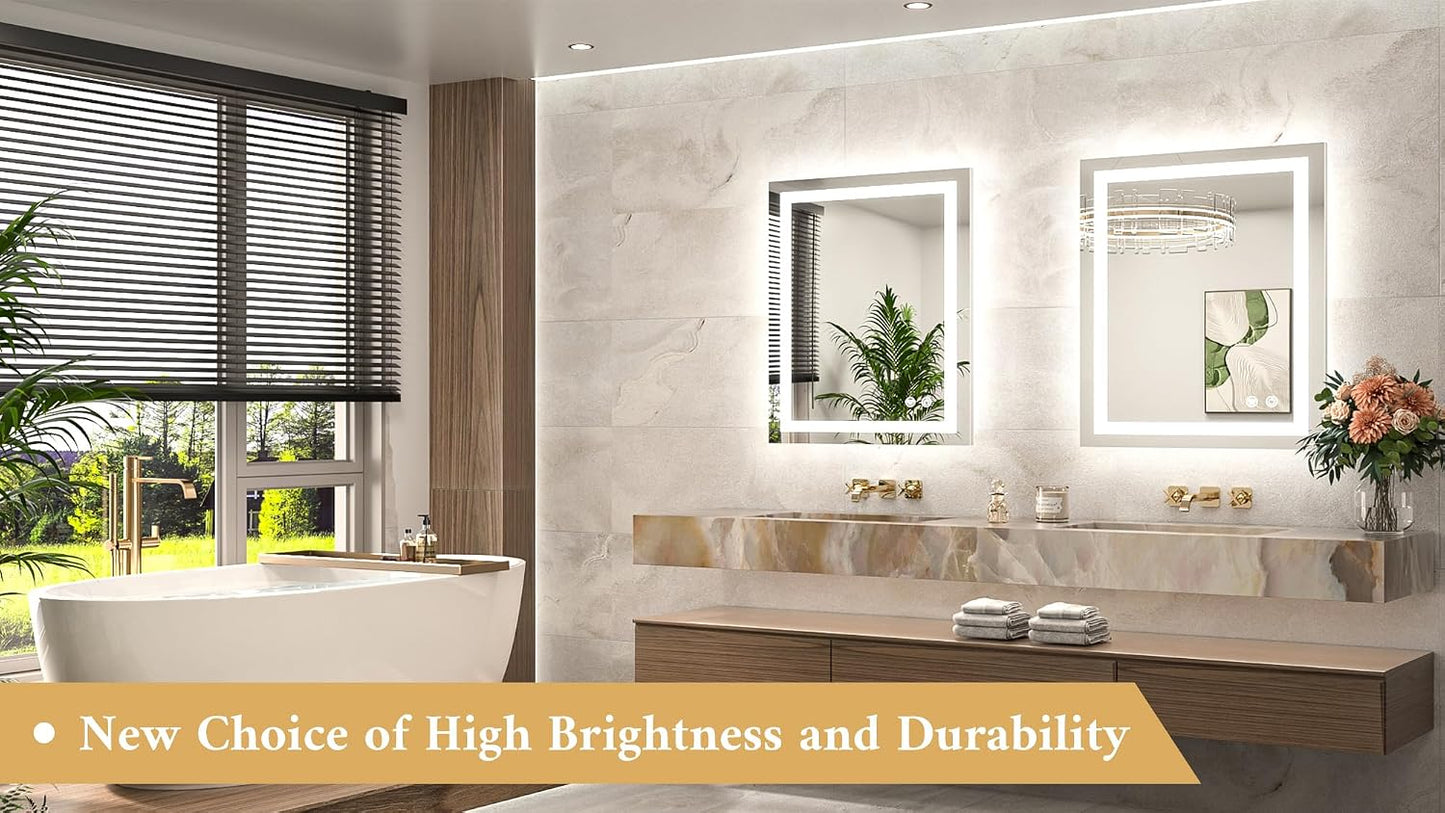 LED Bathroom Mirror 24 x 30 Inch Lighted Bathroom Vanity Mirror with Lights, Brighter Frontlit and Backlit Light up Anti Fog Mirror, 3-Color Dimmable, Shatterproof Tempered Glass, Waterproof