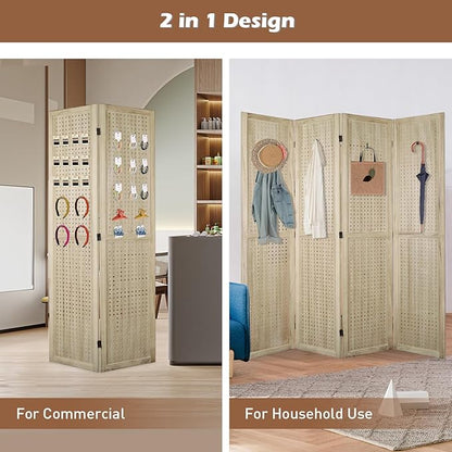 ECOMEX 4 Panel Room Divider, 5.6Ft Pegboard Display Wooden Room Divider Folding - Image 2