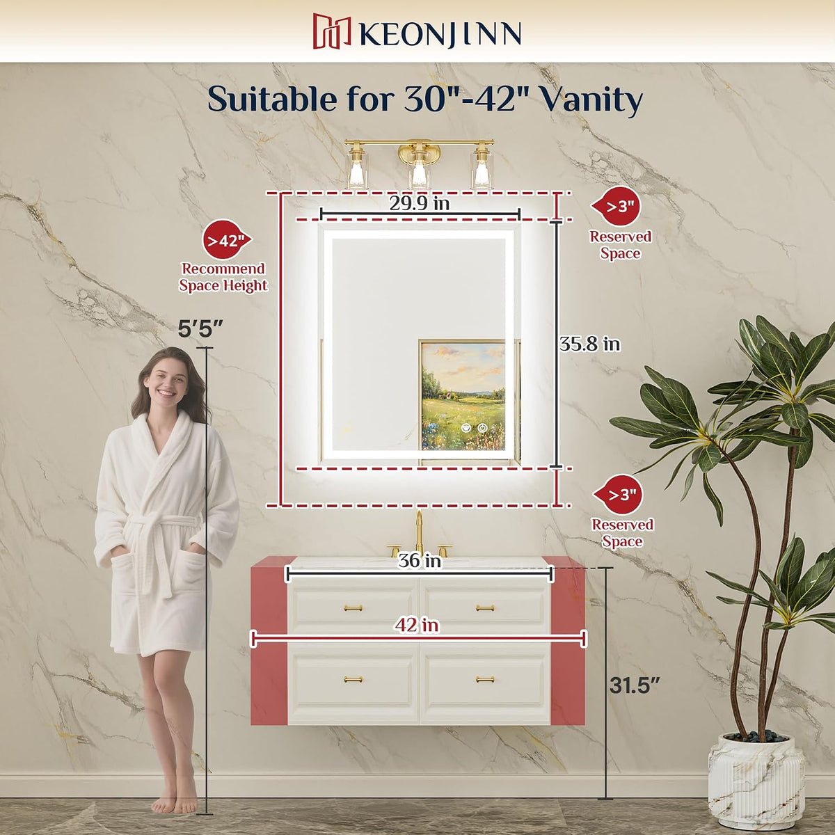 Keonjinn 30" x 36" Beveled LED Bathroom Mirror with Lights, Tempered Glass | Front and Backlight, Lighted Mirrors for Bathroom Wall, 3 Color Lights, Fast Defogging, Stepless Dimmable, Hardwired/Plug in
