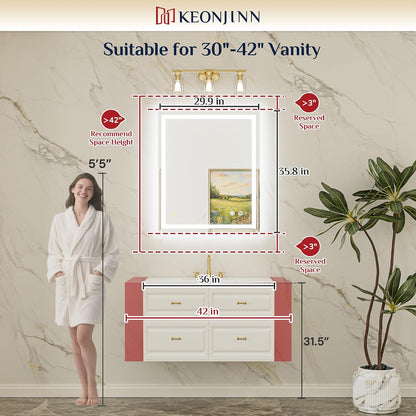 Keonjinn 30" x 36" Beveled LED Bathroom Mirror with Lights, Tempered Glass | Front and Backlight, Lighted Mirrors for Bathroom Wall, 3 Color Lights, Fast Defogging, Stepless Dimmable, Hardwired/Plug in