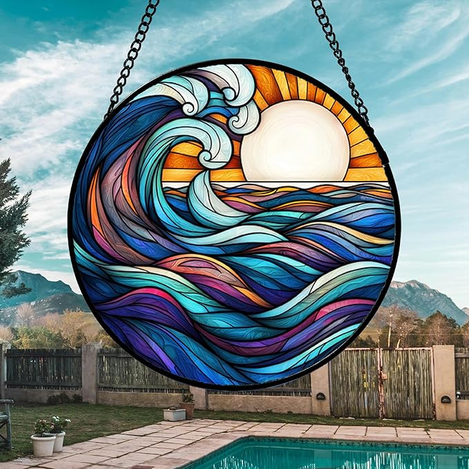 DASTOLL Stained Glass Window Hanging, Big Wave Sun Suncatcher Diamond Glass - Image 3