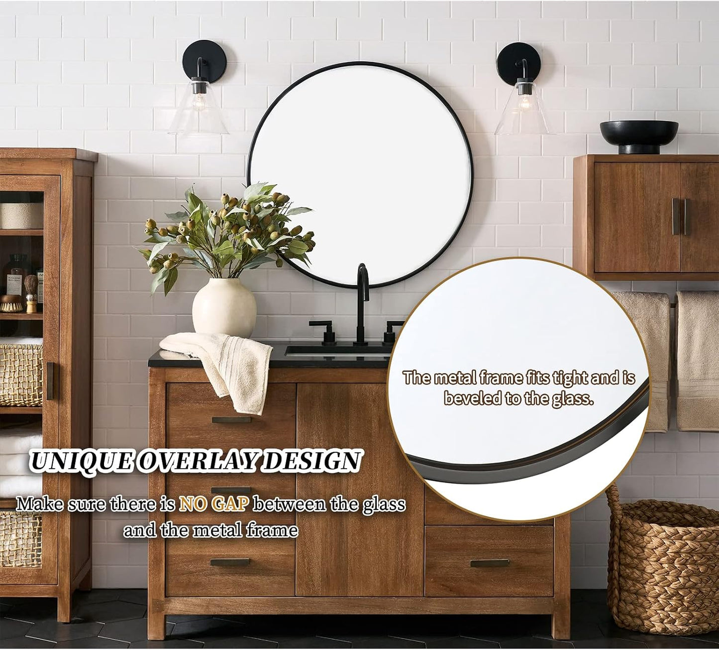 G-LEAF Black Round Mirror 32 inch Circle Mirror for Bathroom Vanity, Entryway, Living Room, Round Bathroom Mirror for Wall