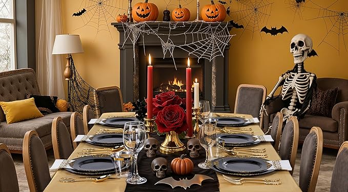 Nervure 350PCS Black Plastic Plates - Black Plastic Dinnerware Sets for 50 Gu...