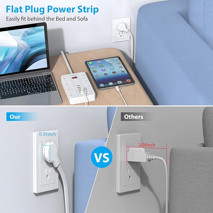 SMNICE Power Strip with USB, Surge Protector Flat Plug with 8 Widely Spaced - Image 2
