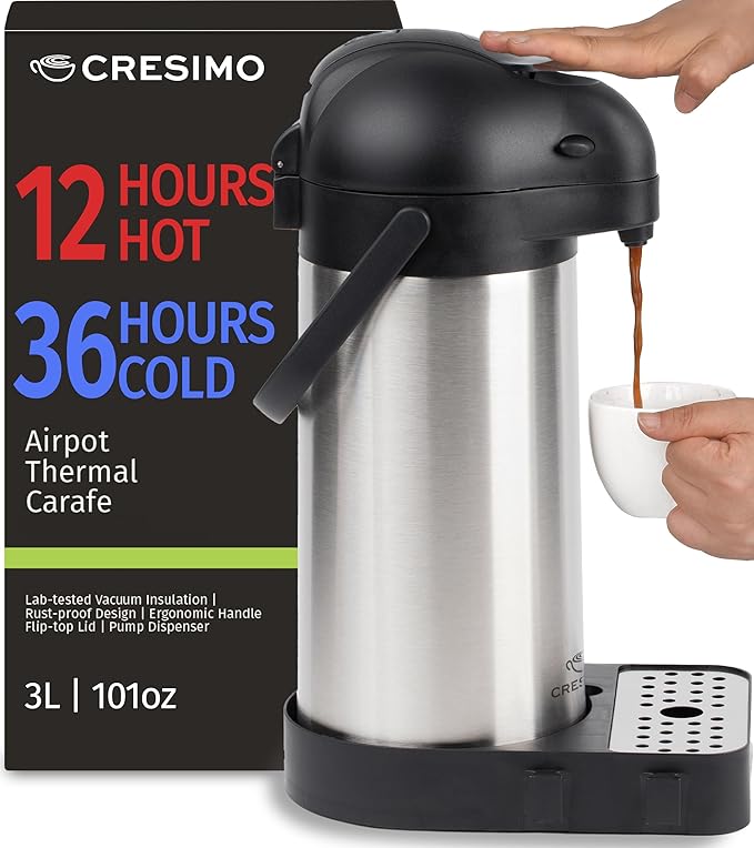 Airpot Coffee Dispenser with Pump & Tray - 102oz/3L Coffee Carafe with Pump - - Image 2