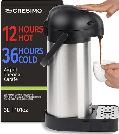Airpot Coffee Dispenser with Pump & Tray - 102oz/3L Coffee Carafe with Pump - - Image 2