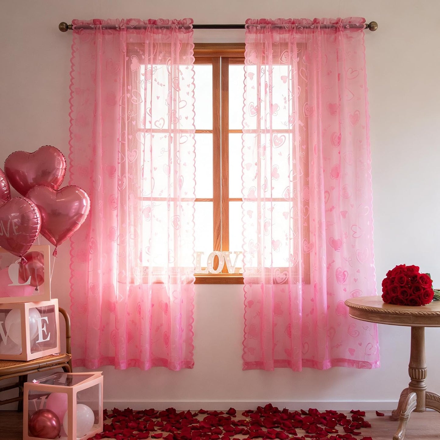 Valentine's Day Lace Curtains 63 Inch Length for Living Room Pink | Holiday Decoration Love Heart Embroidery Weave Sheer Curtains, Rod Pocket Country Rustic Drapes 54 x 63 Inch 2 Panels