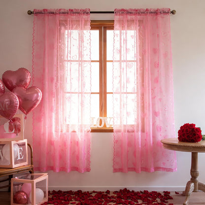 Valentine's Day Lace Curtains 63 Inch Length for Living Room Pink | Holiday Decoration Love Heart Embroidery Weave Sheer Curtains, Rod Pocket Country Rustic Drapes 54 x 63 Inch 2 Panels