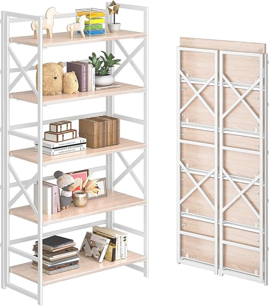 4NM 5 Tiers No Assembly Book Shelves, 51.2" H Folding Bookshelf Bookcase Open by 4NM