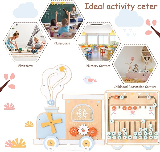 Train Activity Wall Busy Board, Wooden Montessori Sensory Toys, 12-in-1 - Image 4