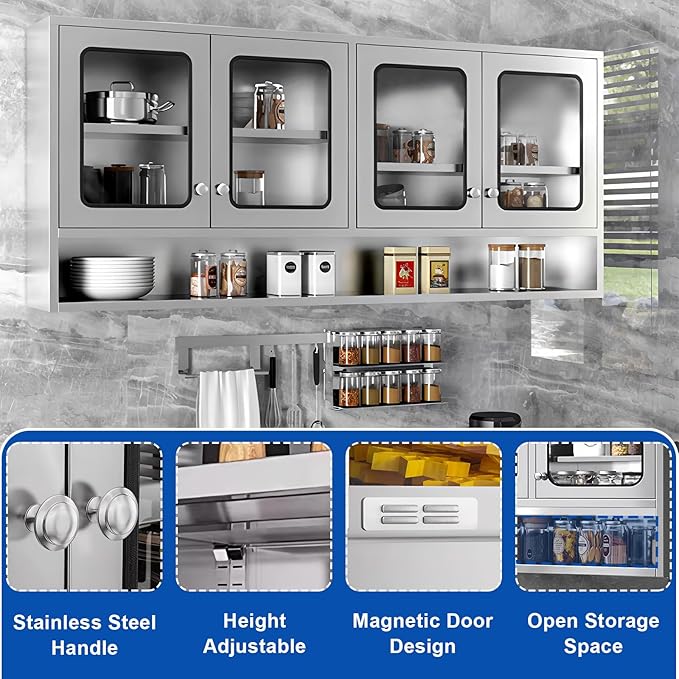 59" Kitchen Wall Cabinet Stainless Steel Wall Mounted Cabinet - Image 5