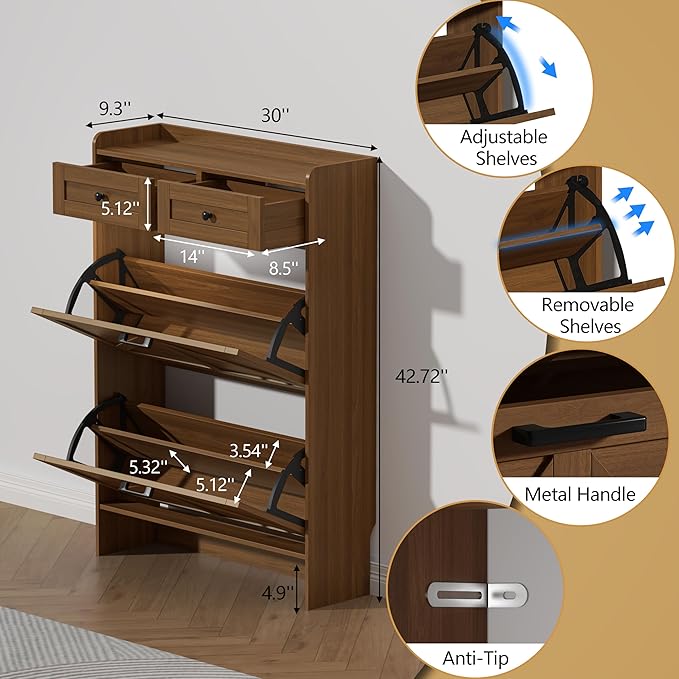 Shoe Cabinet with 2 Flip Drawers & 2 Storage Drawers, Rustic Farmhouse Narrow - Image 6