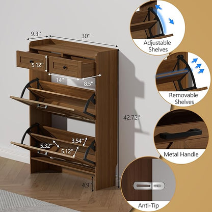 Shoe Cabinet with 2 Flip Drawers & 2 Storage Drawers, Rustic Farmhouse Narrow - Image 6