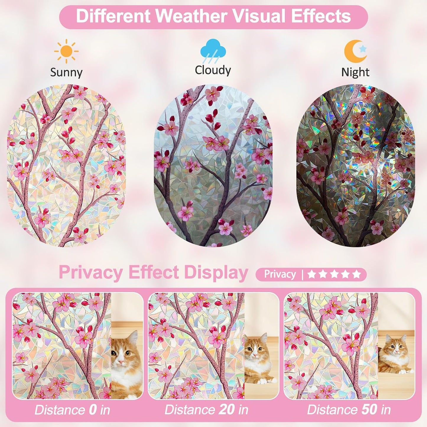 Countewol Stained Glass Privacy Window Film Static Cling Window Film Anti-Glare UV Protection Removable Decorative Window Clings for Home（Rainbow Sakura 78.7" L*17.5" W