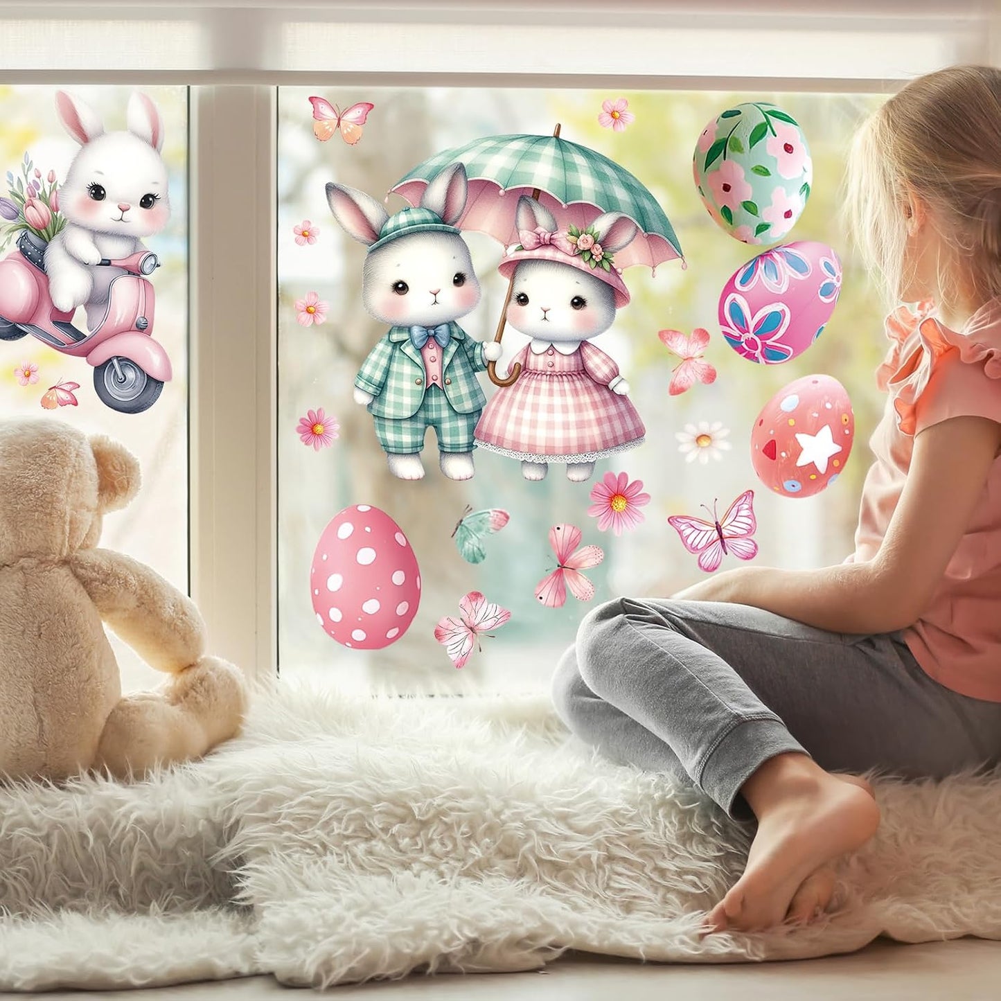 Summer Window Clings,Pink Large Easter Painting Bunnies Stickers,Spring Tulips Reusable Holiday Window Sticker for Kids,Wall Decals Decorations for Home School Office Nursery Shop,9 Sheets