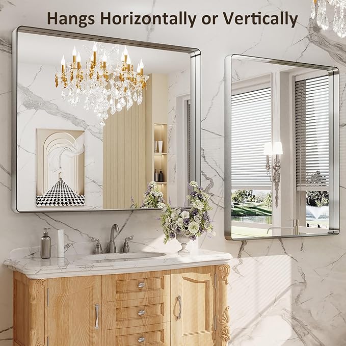 LOAAO 40X36 Inch Brushed Nickel Bathroom Mirror, Rounded Rectangle Silver Metal - Image 4