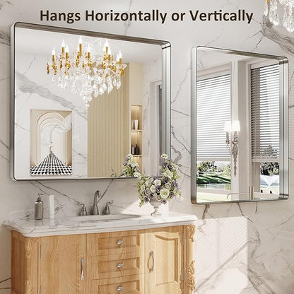 LOAAO 40X36 Inch Brushed Nickel Bathroom Mirror, Rounded Rectangle Silver Metal - Image 4