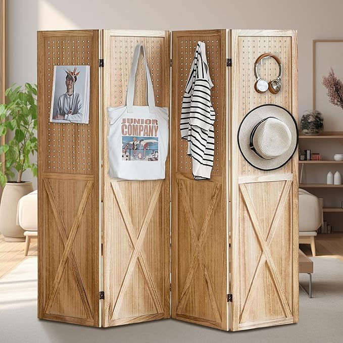 ALeesing 4 Panel Pegboard Wood Room Divider, 5.6Ft Pegboard Display Folding by ALeesing