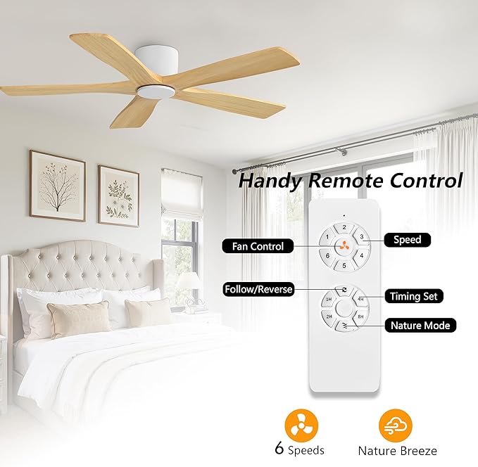 WINGBO 54" Flush Mount DC Ceiling Fans Without Lights, 5 Carved Solid Wood - Image 7