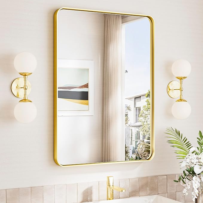 TokeShimi Gold Bathroom Mirror 22x30, HD Tempered Glass, Brushed Gold Bathroom by RefinedBathroomAccessories