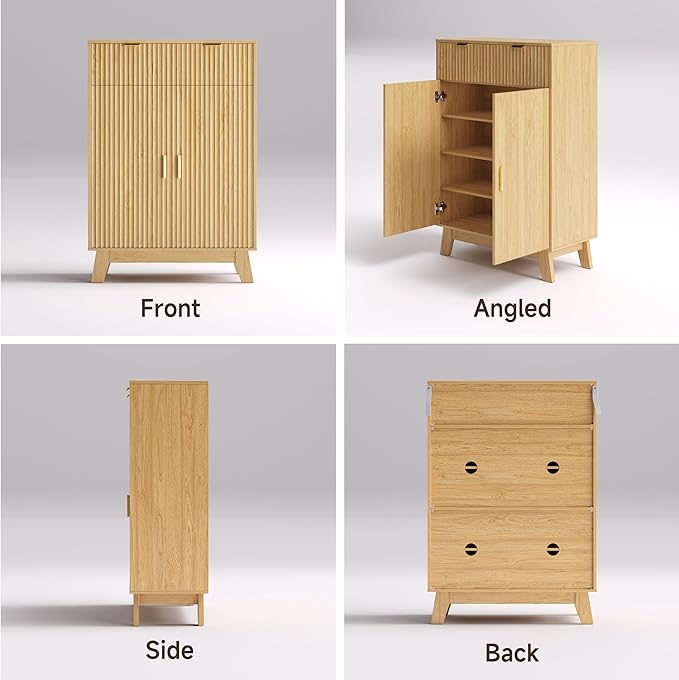 Fluted Shoe Cabinet, 4-Tier Mid Century Modern Narrow Shoe Storage Cabinet - Image 9