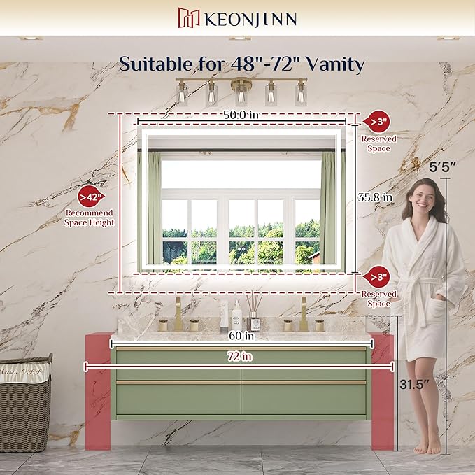 Keonjinn 50" x 36" Bathroom LED Mirror, Front & Back Lighted Mirror - Image 2