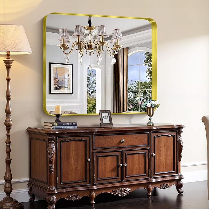 CIRCUMI Gold Bathroom Mirror, Rounded Corner, Tempered Glass, Large Mirror - Image 4