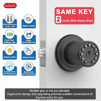 iulock Smart Door Knob with Keypad and Key, Keyless Entry Door Lock with Rubber - Image 3