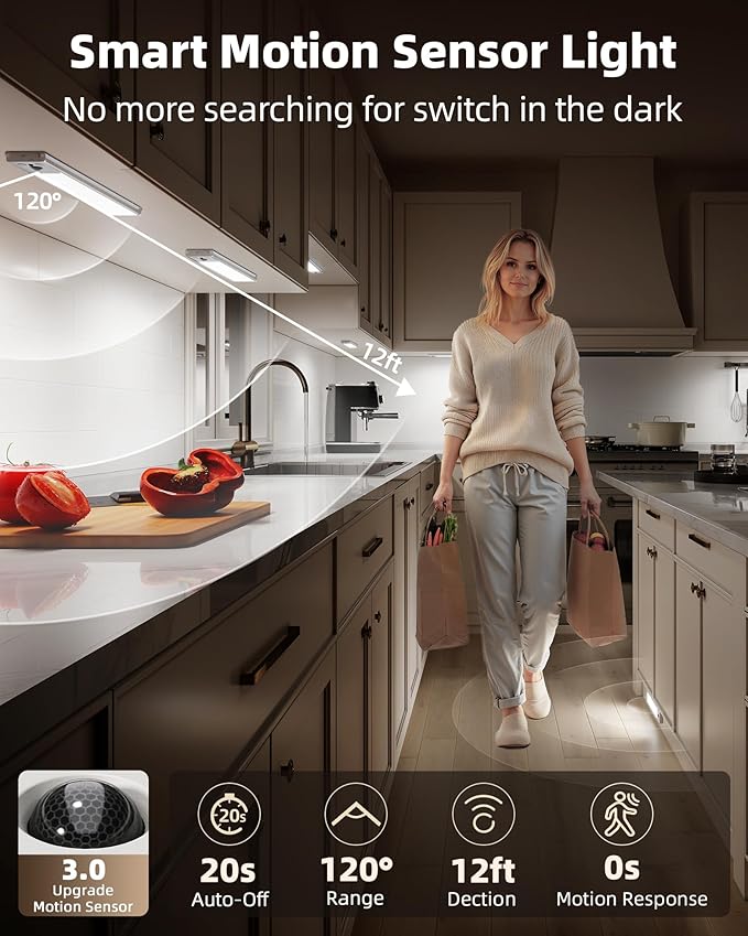 EZVALO 3 Pack Under Cabinet Lighting, 2400mAh Rechargeable Motion Sensor Light - Image 3