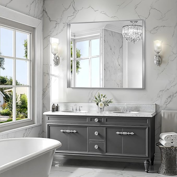 CIRCUMI Silver Bathroom Mirror, Brushed Finish, Tempered Glass, Large Mirror - Image 4