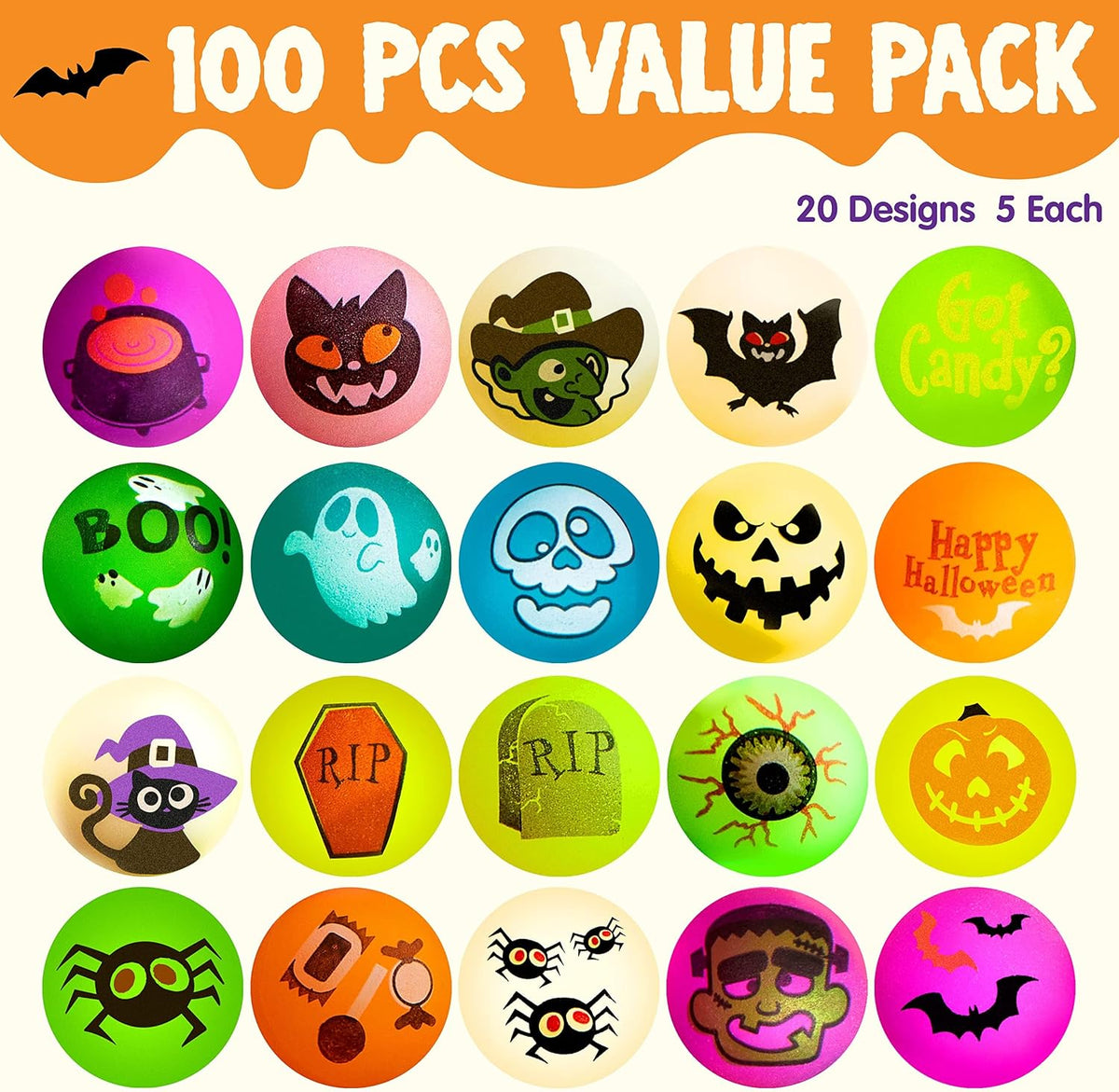 JOYIN 100 PCS Halloween Glow in The Dark Bouncing Balls, 20 Designs Halloween...