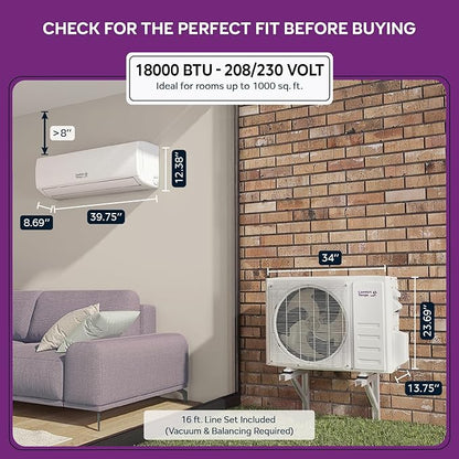Energy-Saving 18000 BTU / 220V Mini Split AC/Heating System – 21 SEER, - Image 9