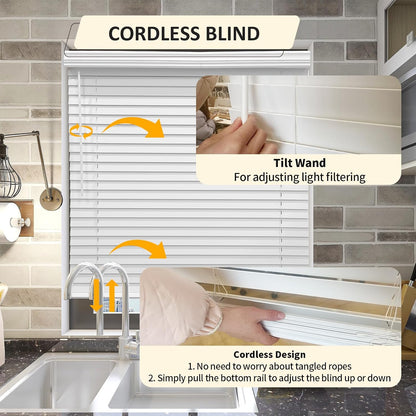 Cordless Faux Wood Blinds 26" W x 36" H, 2 Inch Slat Horizontal Windows Blinds with Crown Valance, Room Darkening, White Blinds for Home Interiors.
