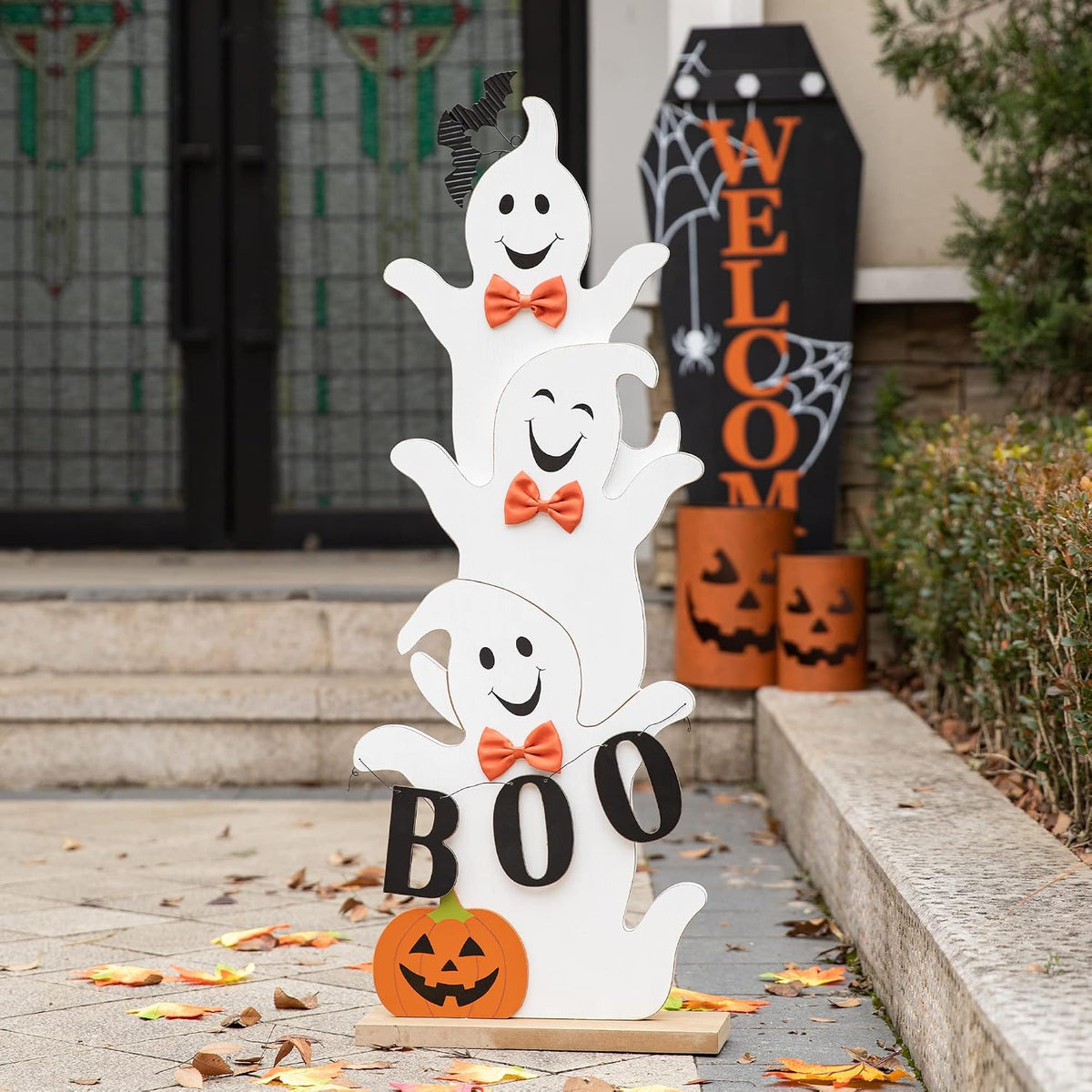 Glitzhome 37.5'H Halloween Wooden Stacked Ghost Porch Sign, Farmhouse Gho...