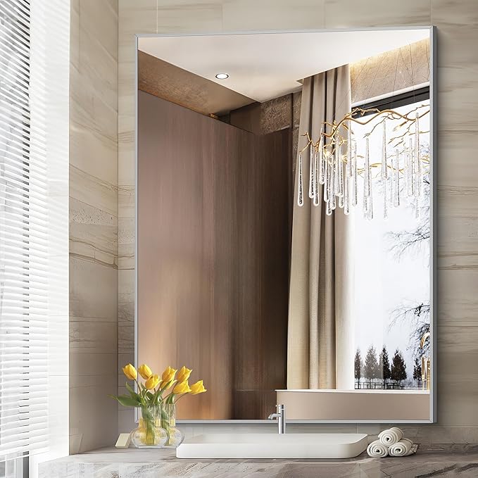 Silver Bathroom Mirror, Bathroom Rectangular Mirror Modern Wall Mirror - Image 9