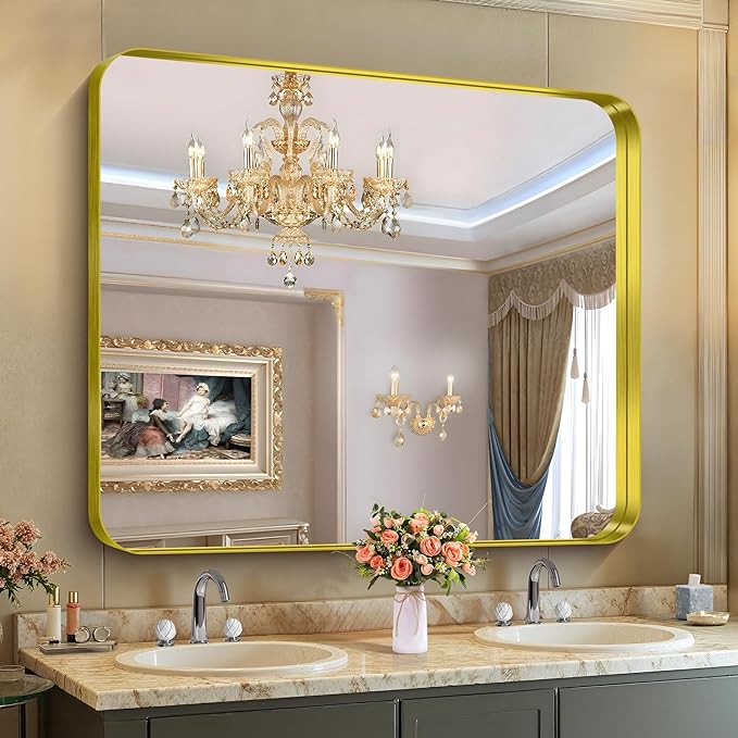 CIRCUMI Gold Bathroom Mirror, Rounded Corner, Tempered Glass, Large Mirror by CIRCUMIMirror
