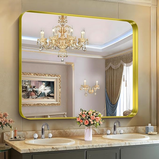 CIRCUMI Gold Bathroom Mirror, Rounded Corner, Tempered Glass, Large Mirror by CIRCUMIMirror