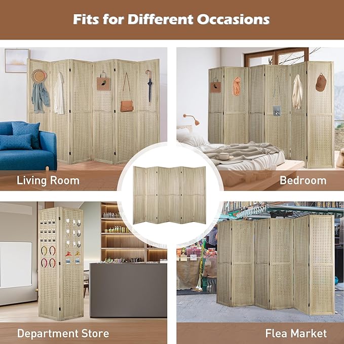 ECOMEX 6 Panel Room Divider, 5.6Ft Pegboard Display Wooden Folding Privacy - Image 7