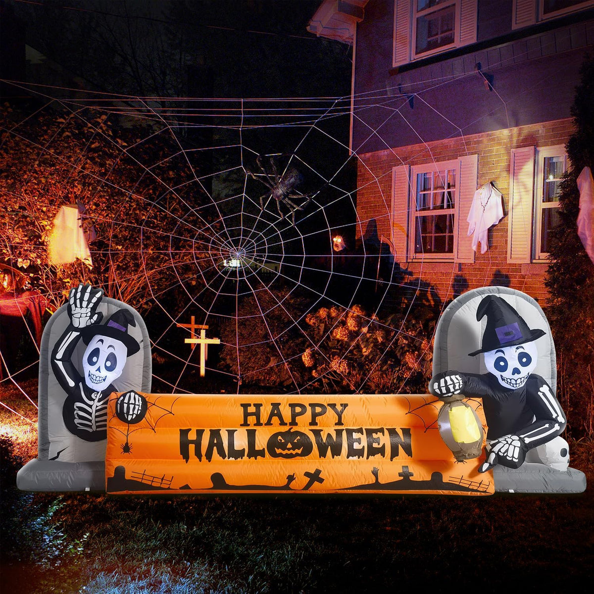 10FT Large Halloween Inflatable Decorations Skeleton Tombstone Banner, Build-...