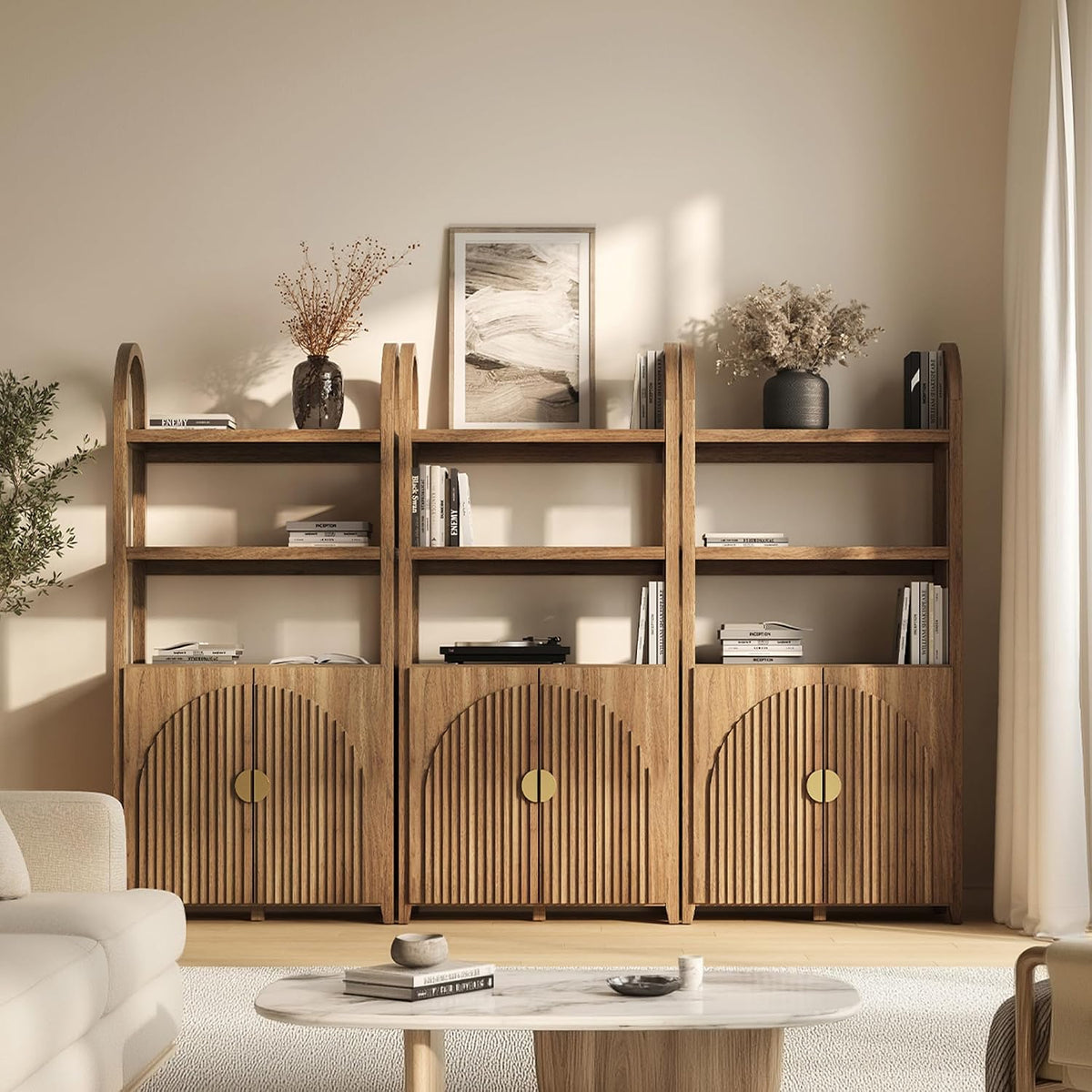 BELLEZE Book Shelf 72" Tall Arched Bookcase with Storage, 5 Tier Mid Cen...
