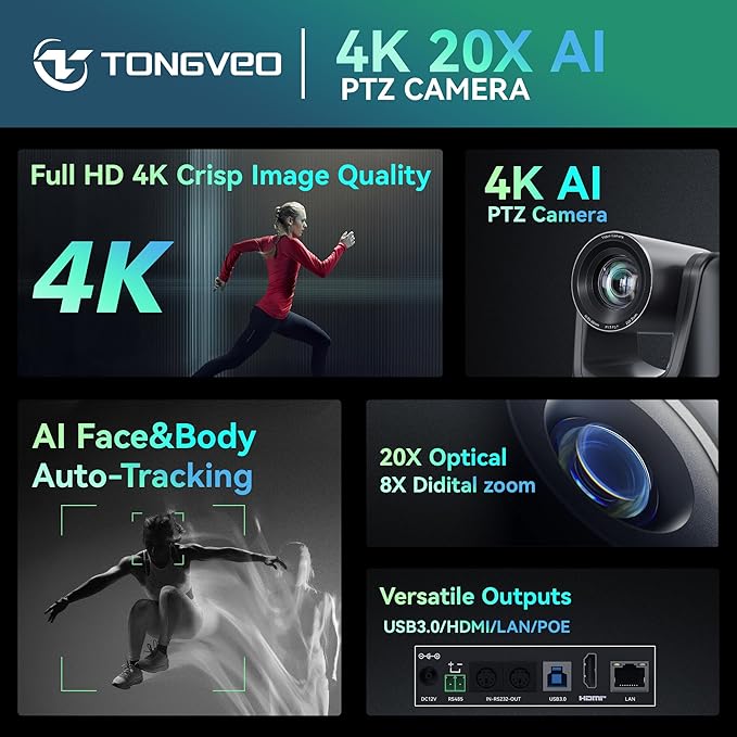 TONGVEO 4K AI PTZ Camera with Auto Tracking and 20X Optical Zoom, Conference - Image 5